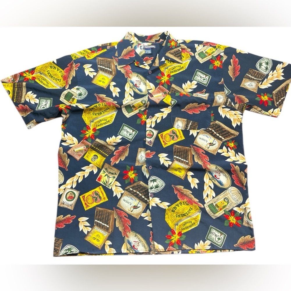 Ferruche Hawaiian Tropical Cigar Print Short Sleeve Button Down